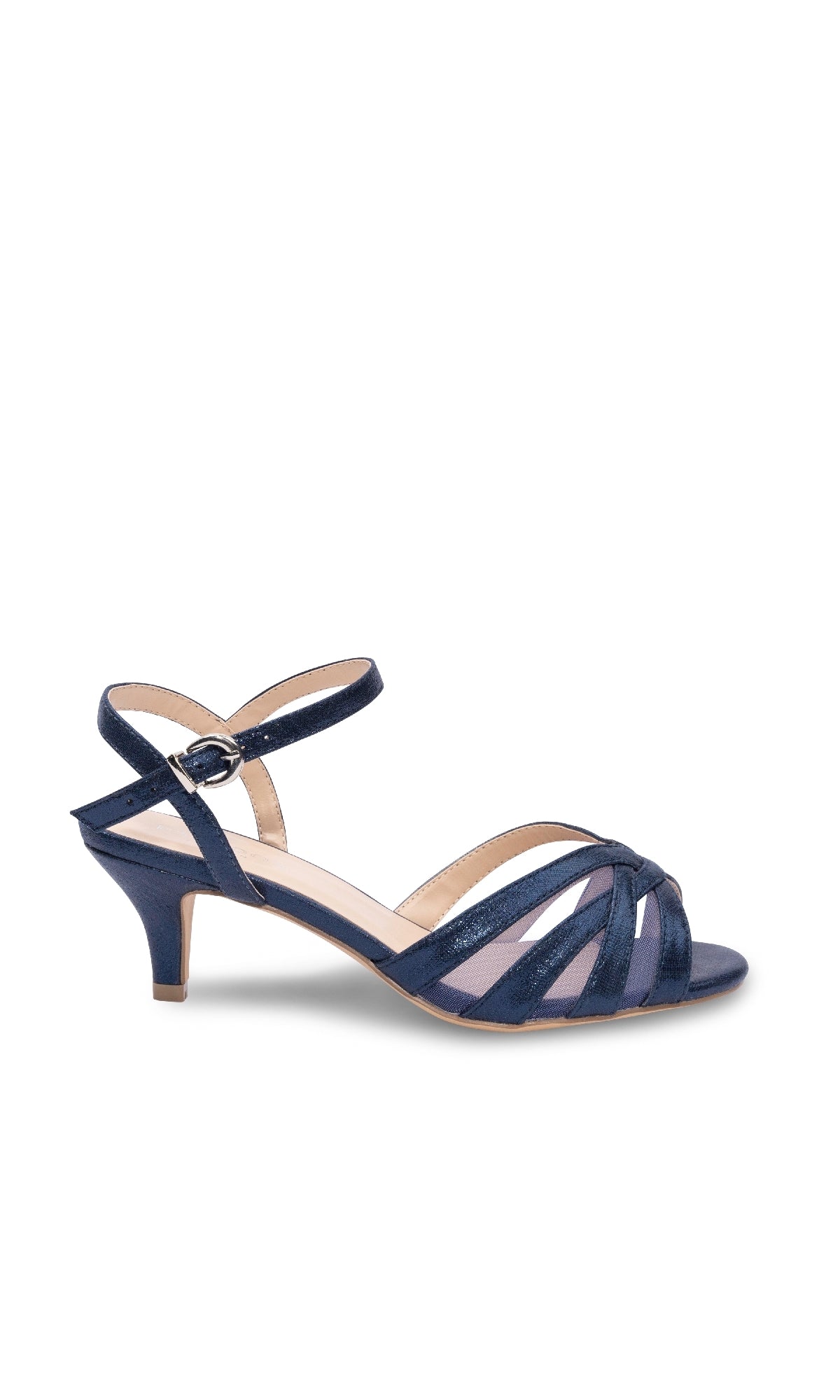 The Theresa Navy Blue Prom Shoes (Paradox London P2307) feature a heeled sandal design with ankle strap, open toe, and crisscross straps—perfect for a chic navy blue prom look.
